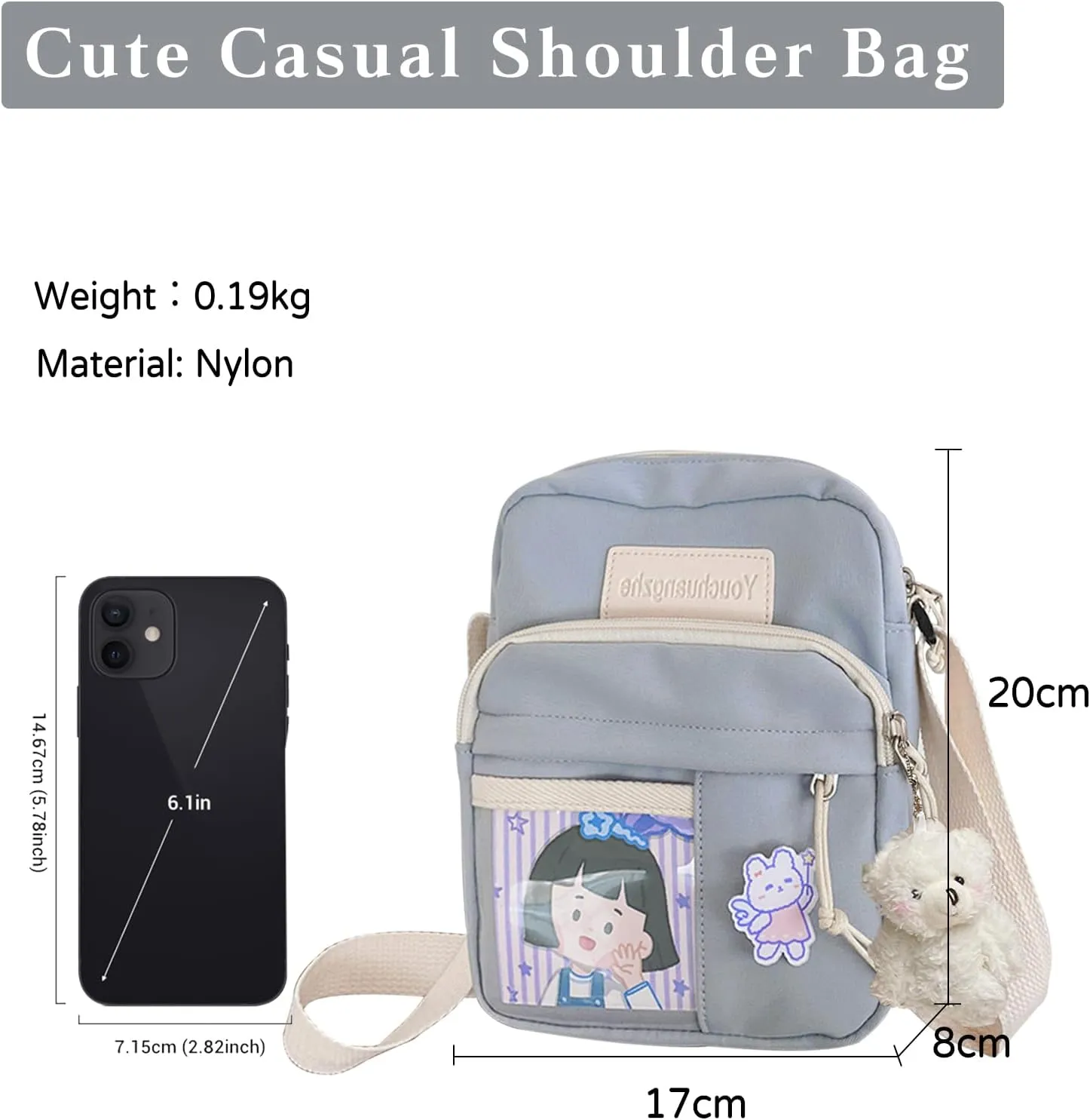 PORRASSO Cute Crossbody Bag Women Shoulder Bag with Doll Pendant Nylon Messenger Bag