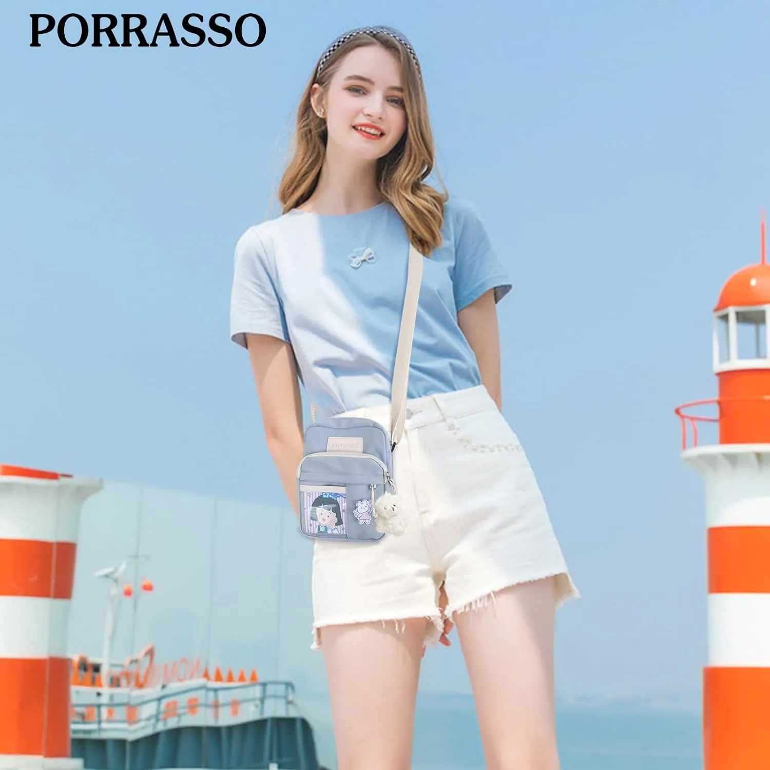 PORRASSO Cute Crossbody Bag Women Shoulder Bag with Doll Pendant Nylon Messenger Bag