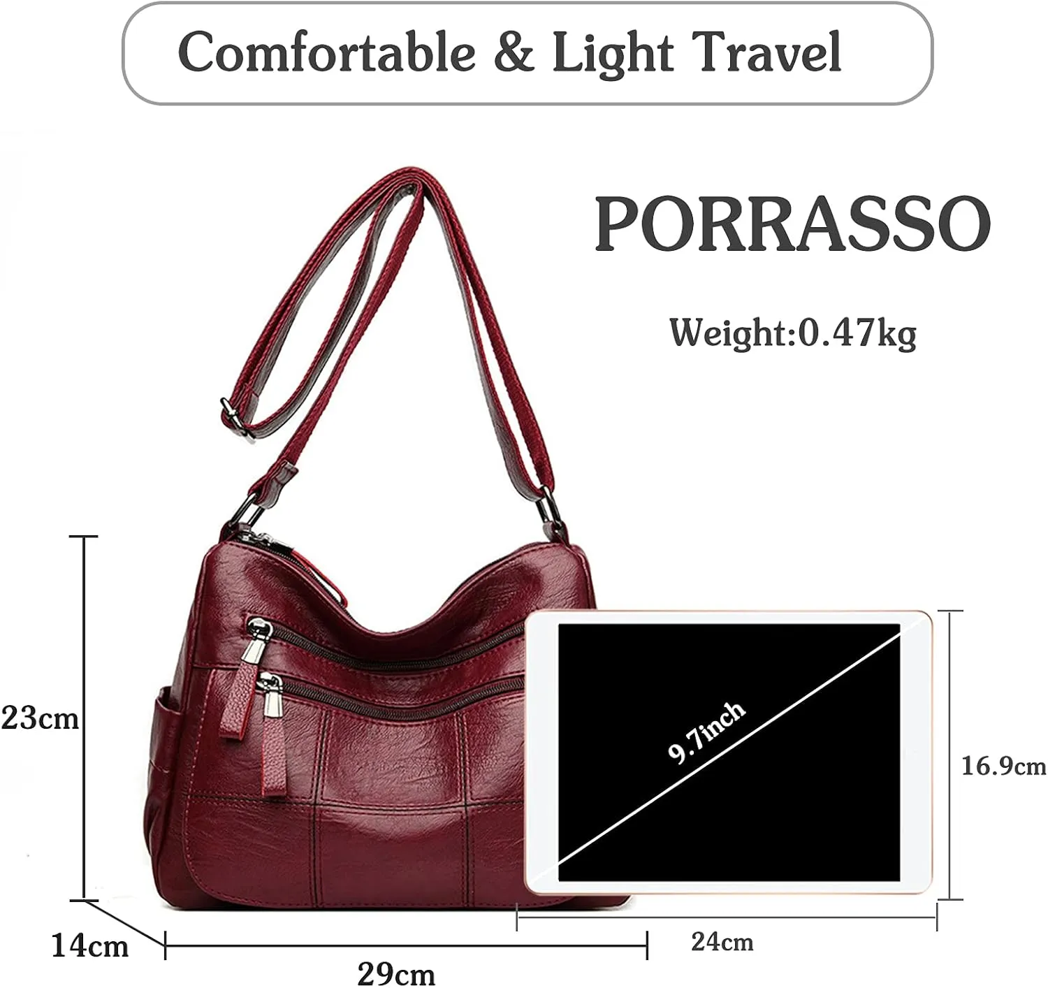 PORRASSO Vintage Crossbody Bag Ladies Shoulder Bag Multi-pocket Handbag Soft Women PU Leather Messenger Bag Work Travel Daily Use Satchel Red