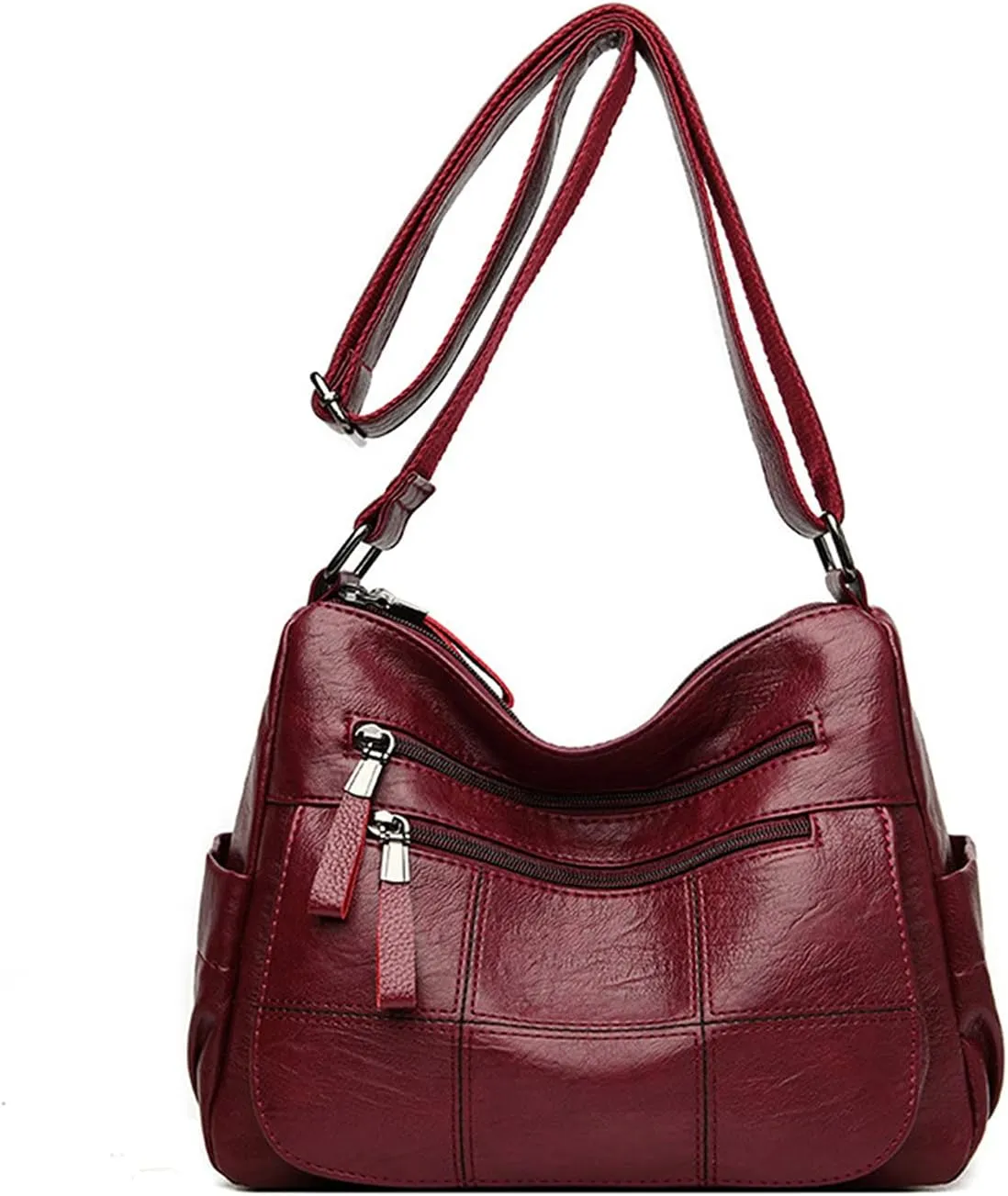 PORRASSO Vintage Crossbody Bag Ladies Shoulder Bag Multi-pocket Handbag Soft Women PU Leather Messenger Bag Work Travel Daily Use Satchel Red