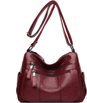 PORRASSO Vintage Crossbody Bag Ladies Shoulder Bag Multi-pocket Handbag Soft Women PU Leather Messenger Bag Work Travel Daily Use Satchel Red
