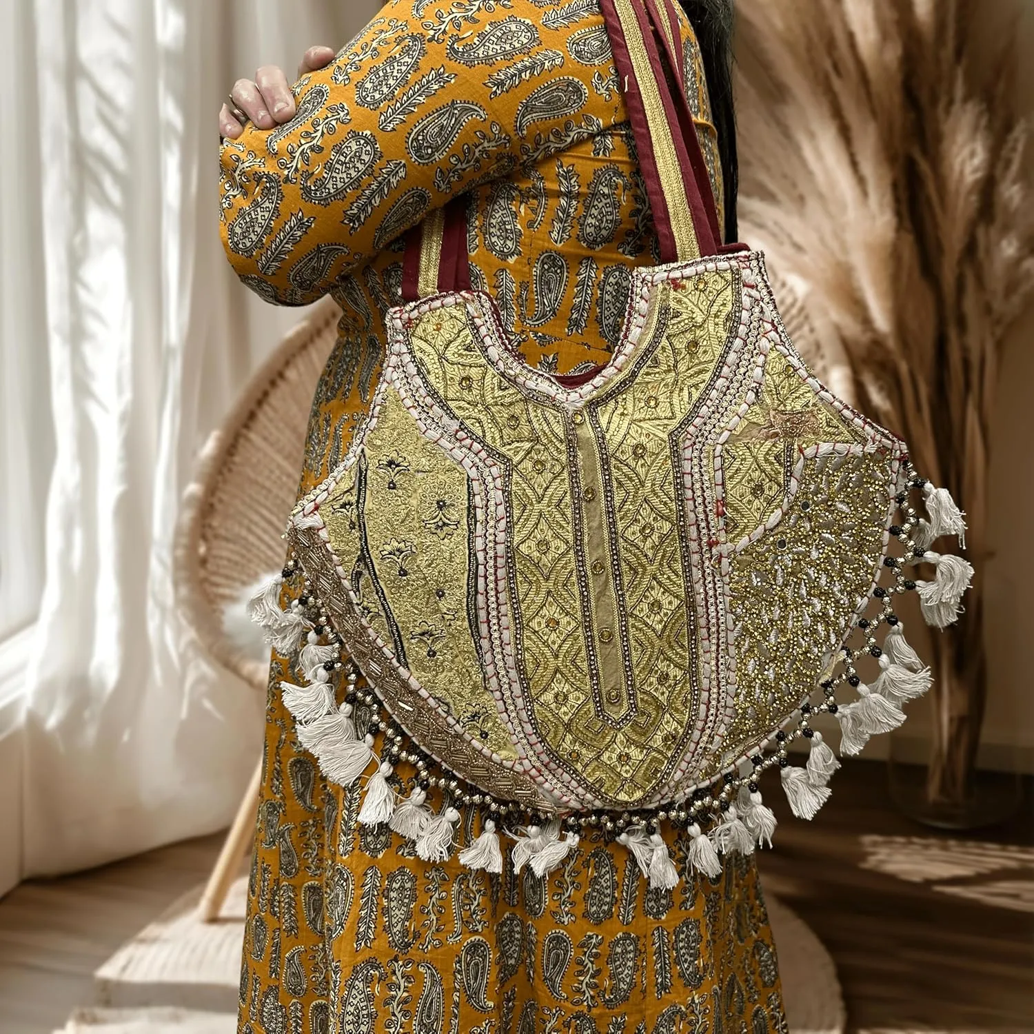 Premium Shoulder Bag for Women | 100% Handmade Embroidered Tote | Bohemian Kambhari Patchwork Purse Handbag