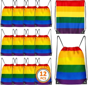 Pride Stuff, 12 Pack Large Capacity Rainbow Bag, Polyester Rainbow Stripes Drawstring Backpack, Waterproof Gym Sport Bag Sackpack for Lesbian Gay LGBTQ Pride Month Parade Yoga Swim Travel Beach