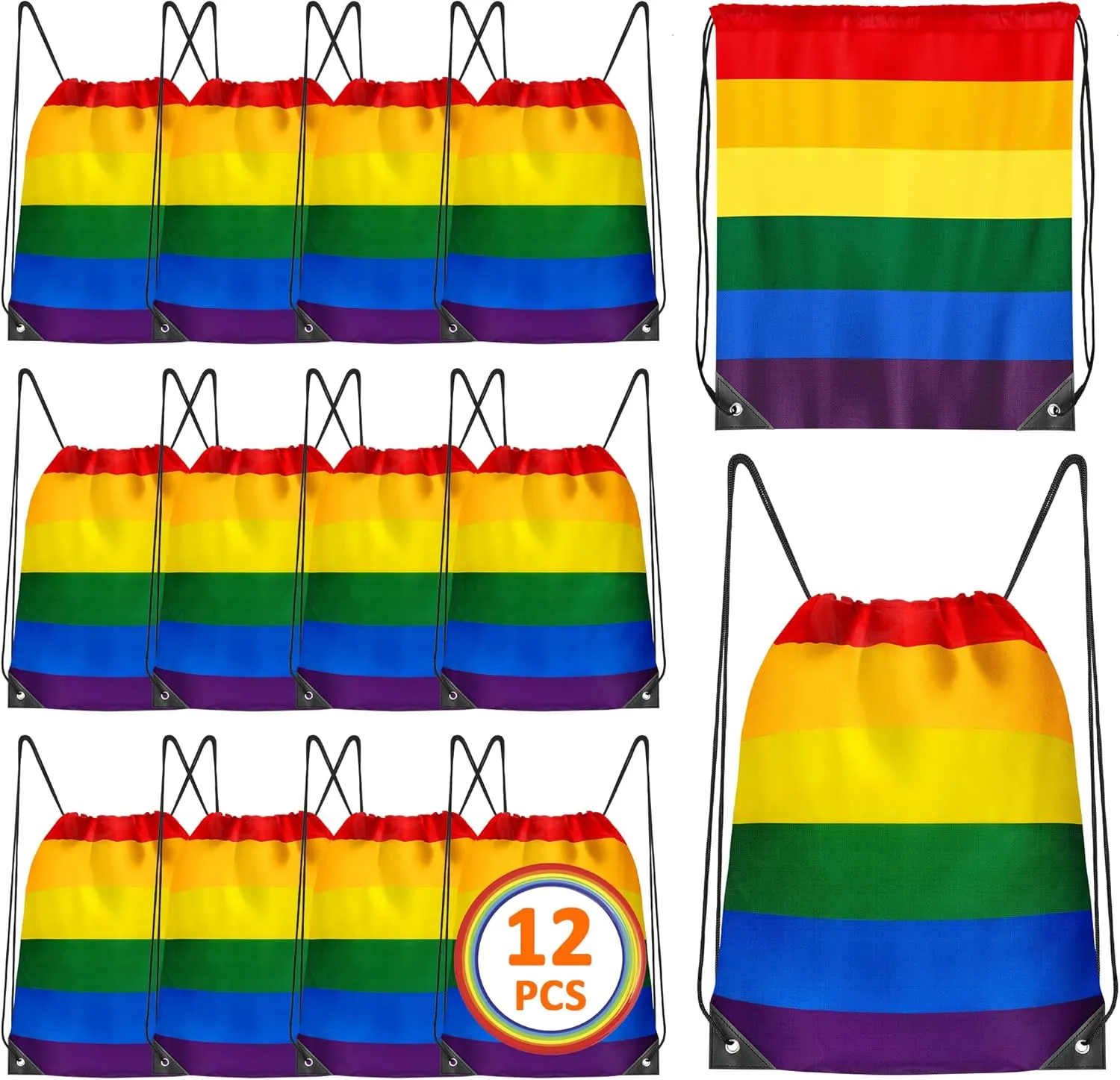 Pride Stuff, 12 Pack Large Capacity Rainbow Bag, Polyester Rainbow Stripes Drawstring Backpack, Waterproof Gym Sport Bag Sackpack for Lesbian Gay LGBTQ Pride Month Parade Yoga Swim Travel Beach