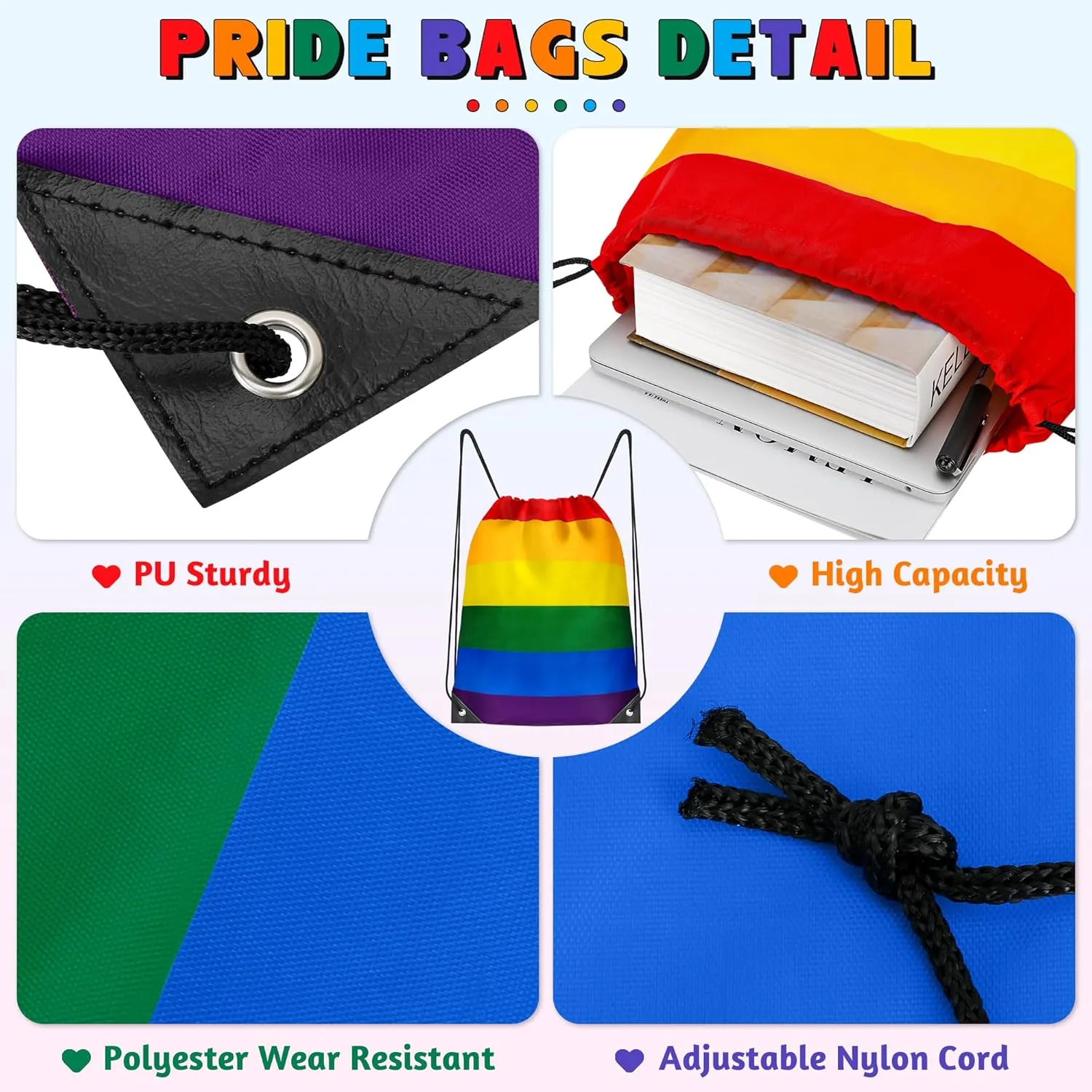 Pride Stuff, 12 Pack Large Capacity Rainbow Bag, Polyester Rainbow Stripes Drawstring Backpack, Waterproof Gym Sport Bag Sackpack for Lesbian Gay LGBTQ Pride Month Parade Yoga Swim Travel Beach