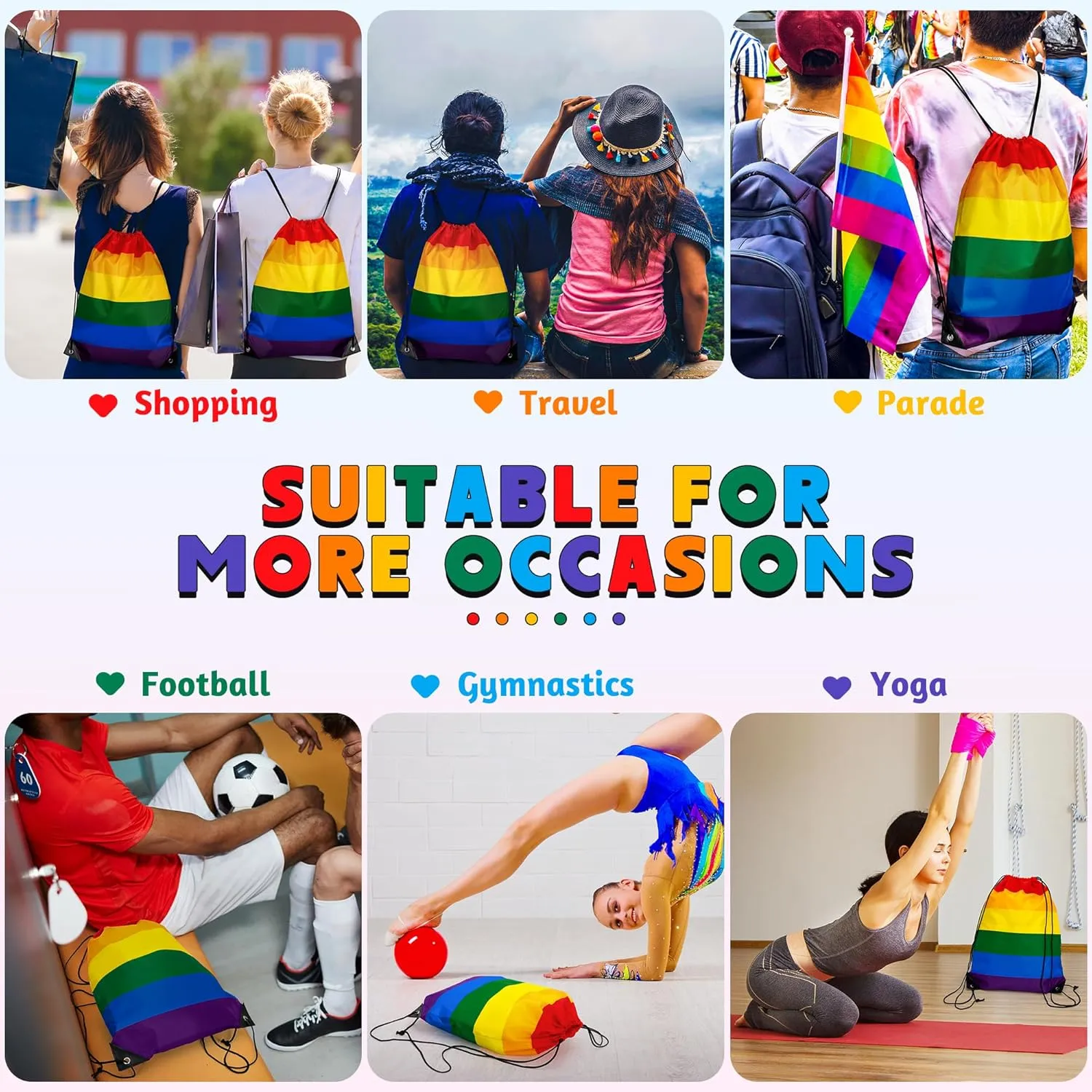 Pride Stuff, 12 Pack Large Capacity Rainbow Bag, Polyester Rainbow Stripes Drawstring Backpack, Waterproof Gym Sport Bag Sackpack for Lesbian Gay LGBTQ Pride Month Parade Yoga Swim Travel Beach