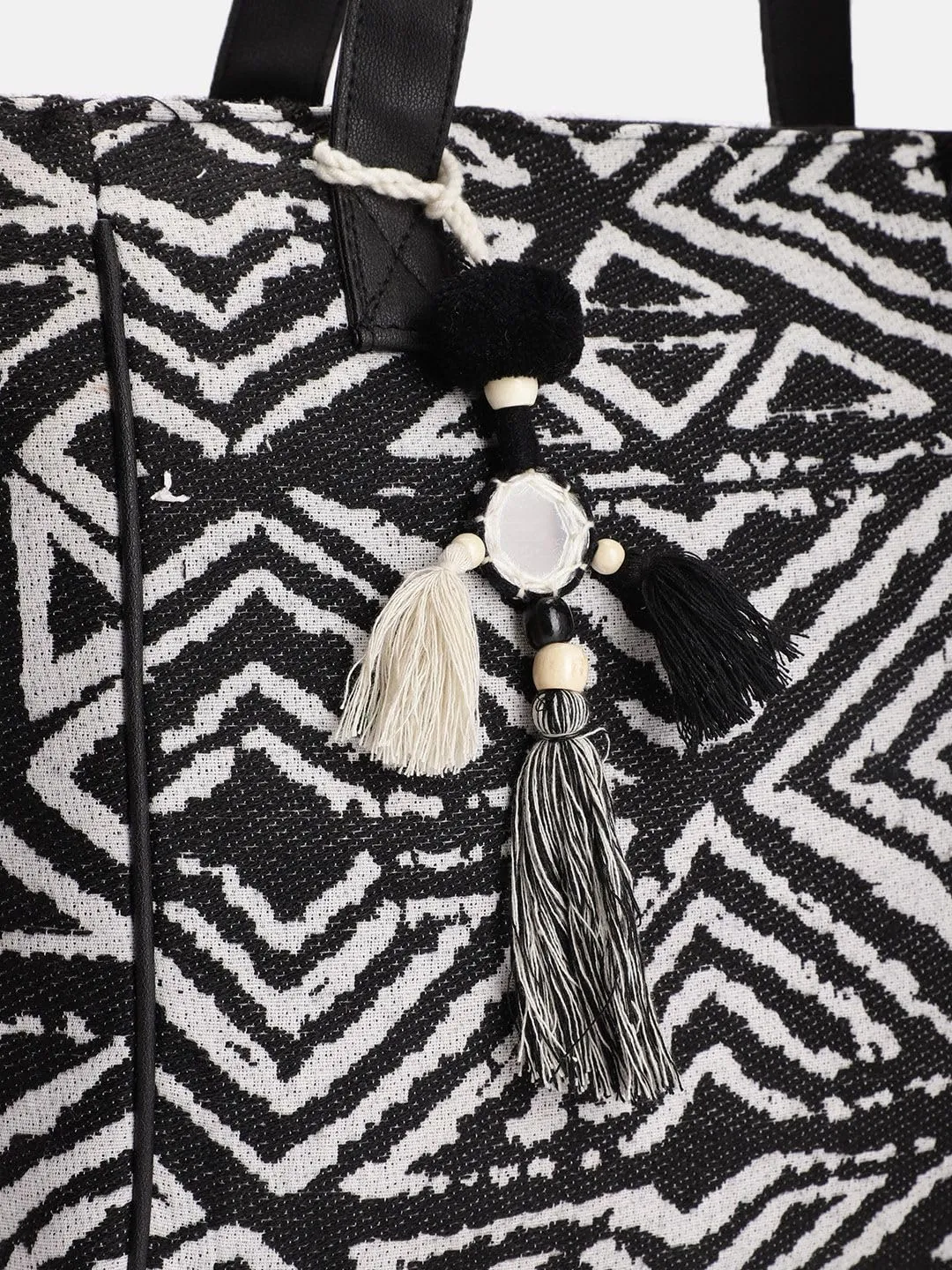PRIMROSE Black and White Geometric Patterned Tote Bag with Tassels