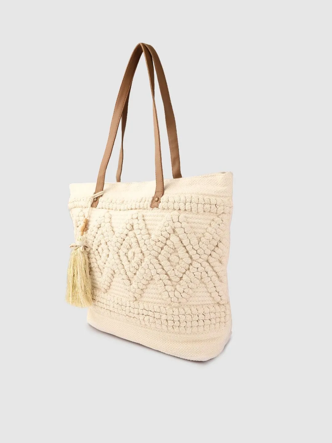PRIMROSE Women Off-White Woven Design Shoulder Bag with Tasselled Detail