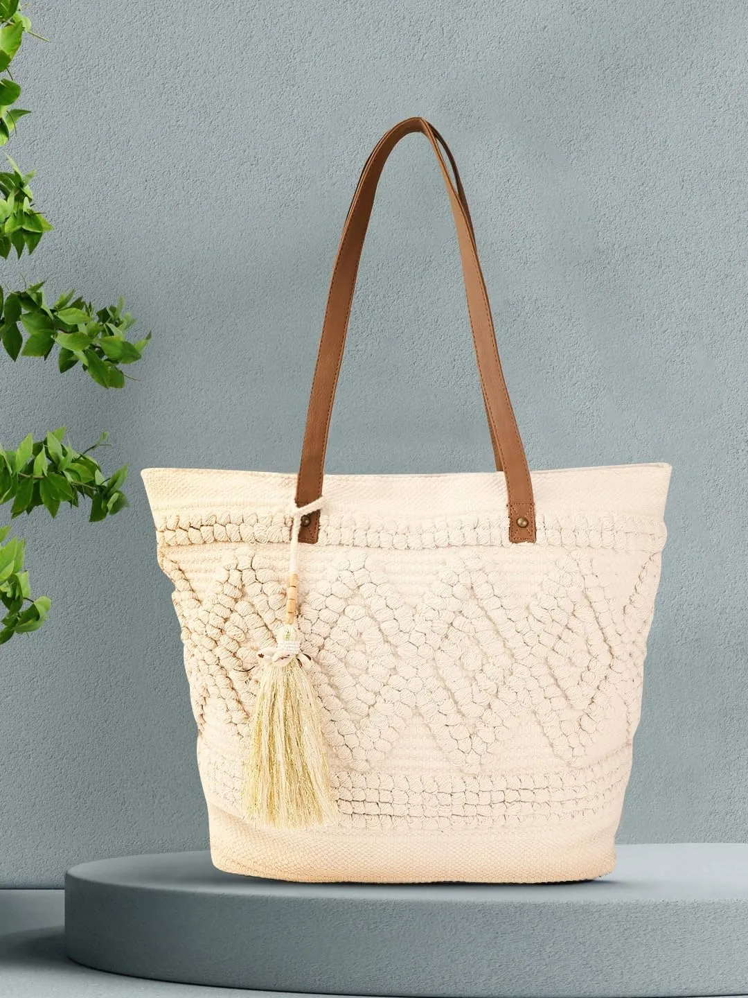 PRIMROSE Women Off-White Woven Design Shoulder Bag with Tasselled Detail