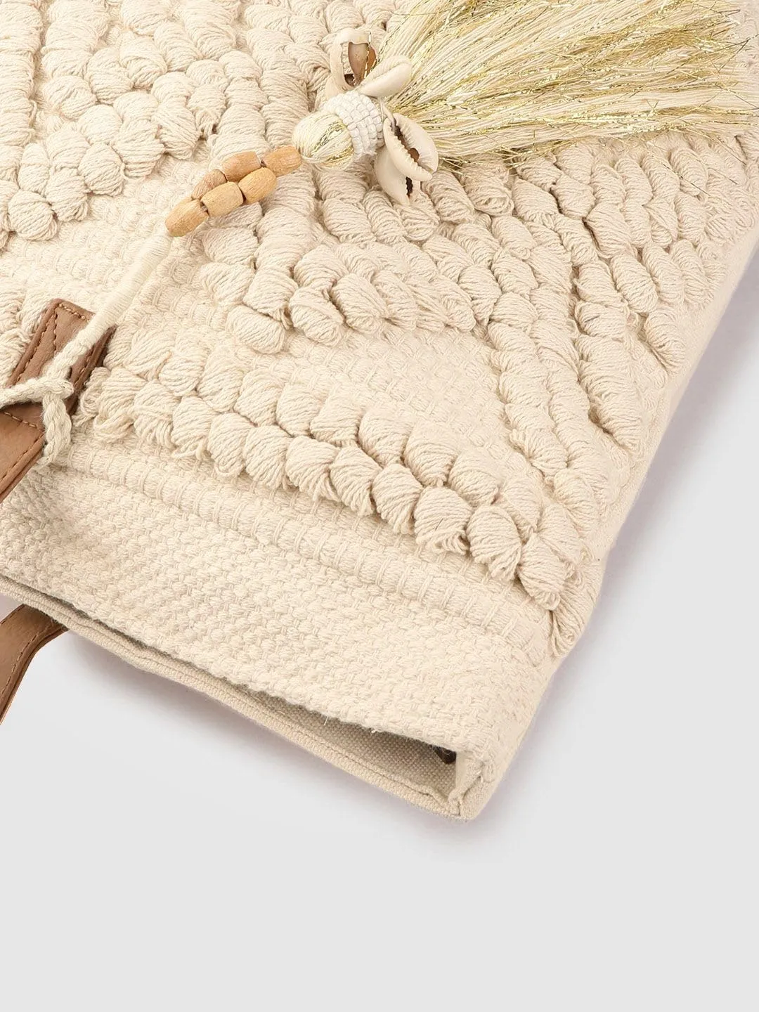PRIMROSE Women Off-White Woven Design Shoulder Bag with Tasselled Detail