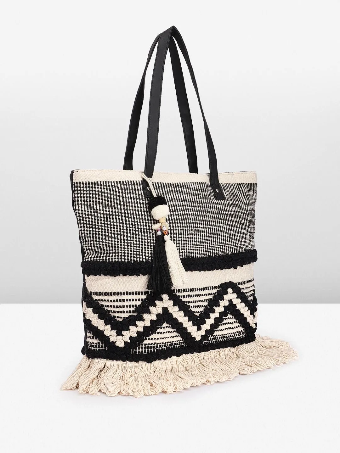 PRIMROSE Women Tote Bag with Tassels, Black and White