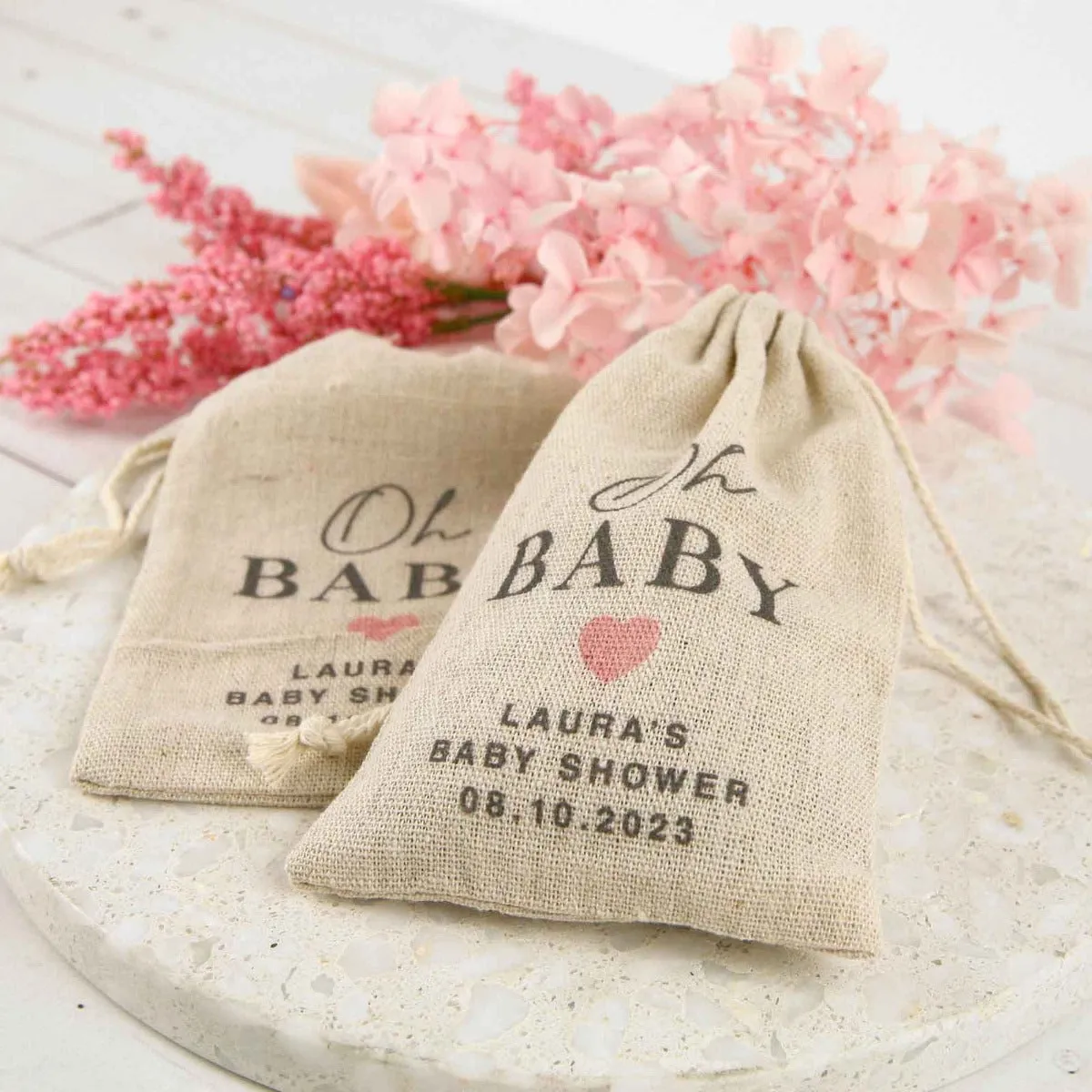 Printed Baby Shower Muslin Drawstring Bags