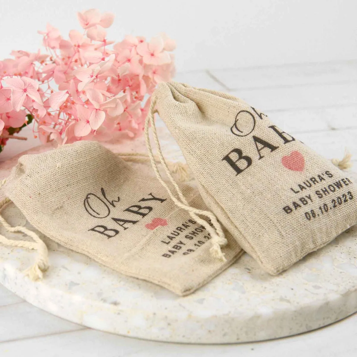 Printed Baby Shower Muslin Drawstring Bags