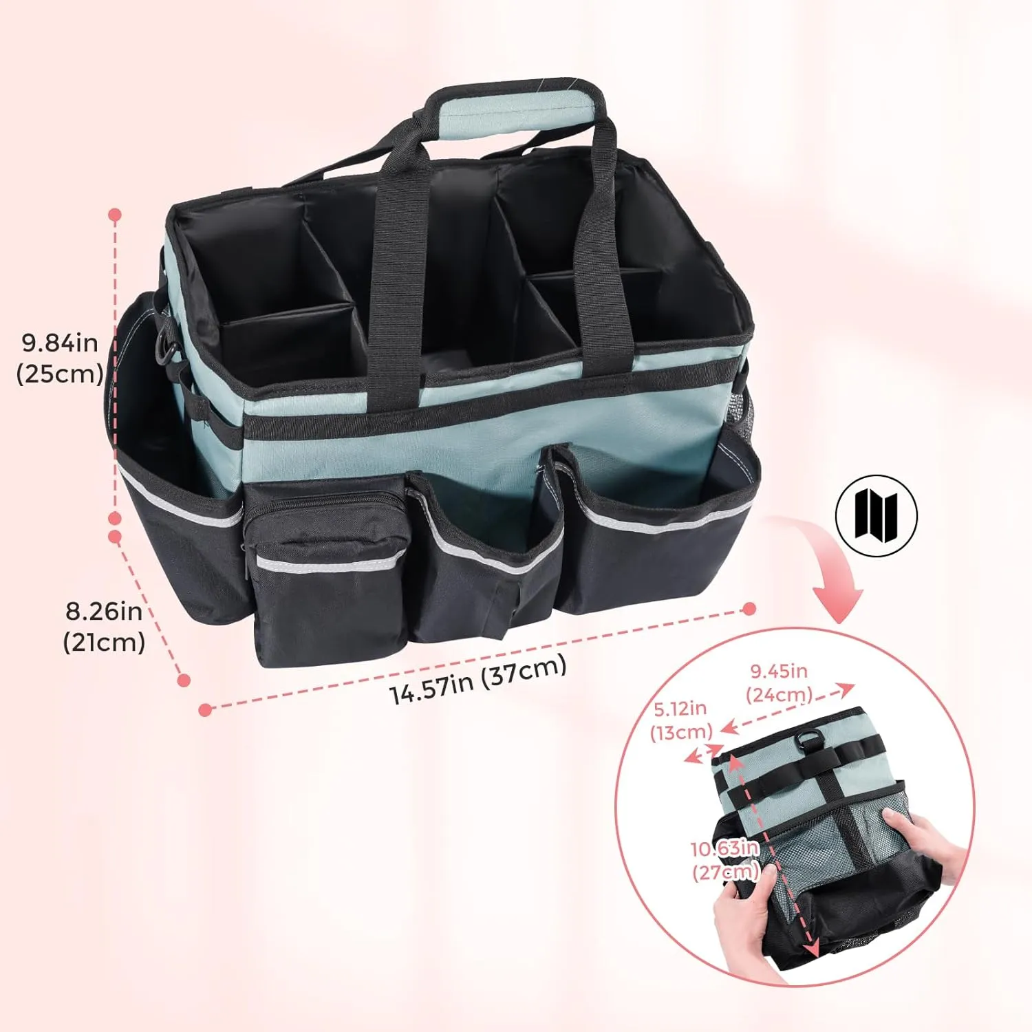 ProCase Cleaning Caddy Bag for Housekeepers, Foldable Cleaning Supply Bag with 5 Compartments, Wearable Cleaning Detailing Bag Organizer Tote Bag with Handles and Shoulder Strap -Cyan