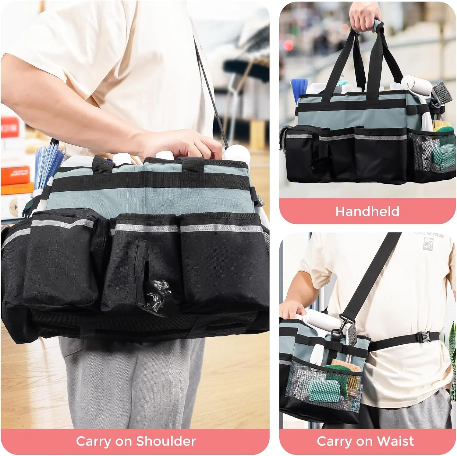 ProCase Cleaning Caddy Bag for Housekeepers, Foldable Cleaning Supply Bag with 5 Compartments, Wearable Cleaning Detailing Bag Organizer Tote Bag with Handles and Shoulder Strap -Cyan