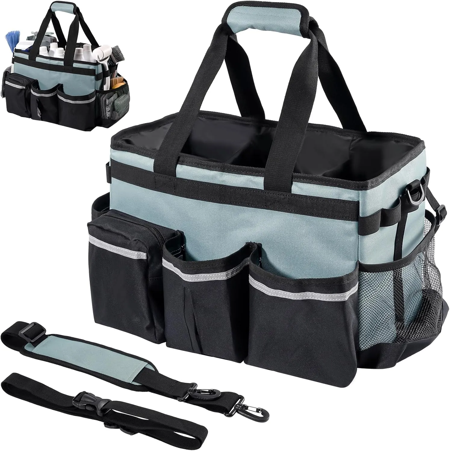 ProCase Cleaning Caddy Bag for Housekeepers, Foldable Cleaning Supply Bag with 5 Compartments, Wearable Cleaning Detailing Bag Organizer Tote Bag with Handles and Shoulder Strap -Cyan