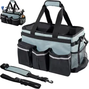 ProCase Cleaning Caddy Bag for Housekeepers, Foldable Cleaning Supply Bag with 5 Compartments, Wearable Cleaning Detailing Bag Organizer Tote Bag with Handles and Shoulder Strap -Cyan