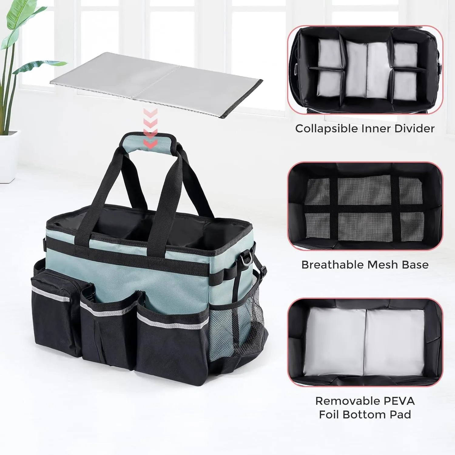ProCase Cleaning Caddy Bag for Housekeepers, Foldable Cleaning Supply Bag with 5 Compartments, Wearable Cleaning Detailing Bag Organizer Tote Bag with Handles and Shoulder Strap -Cyan