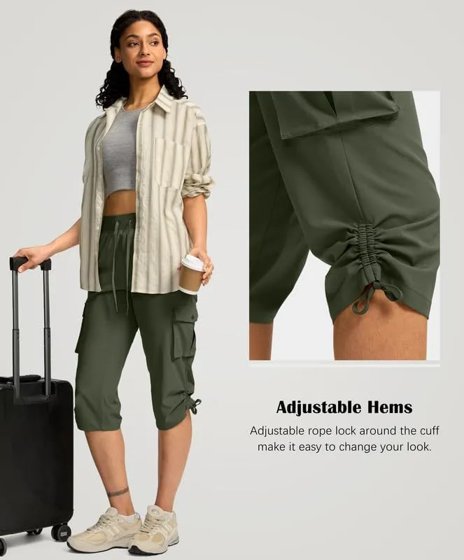 Pudolla Women's Cargo Capri Pants Lightweight Quick Dry Hiking Pants Summer Travel Casual Capris with 5 Pockets