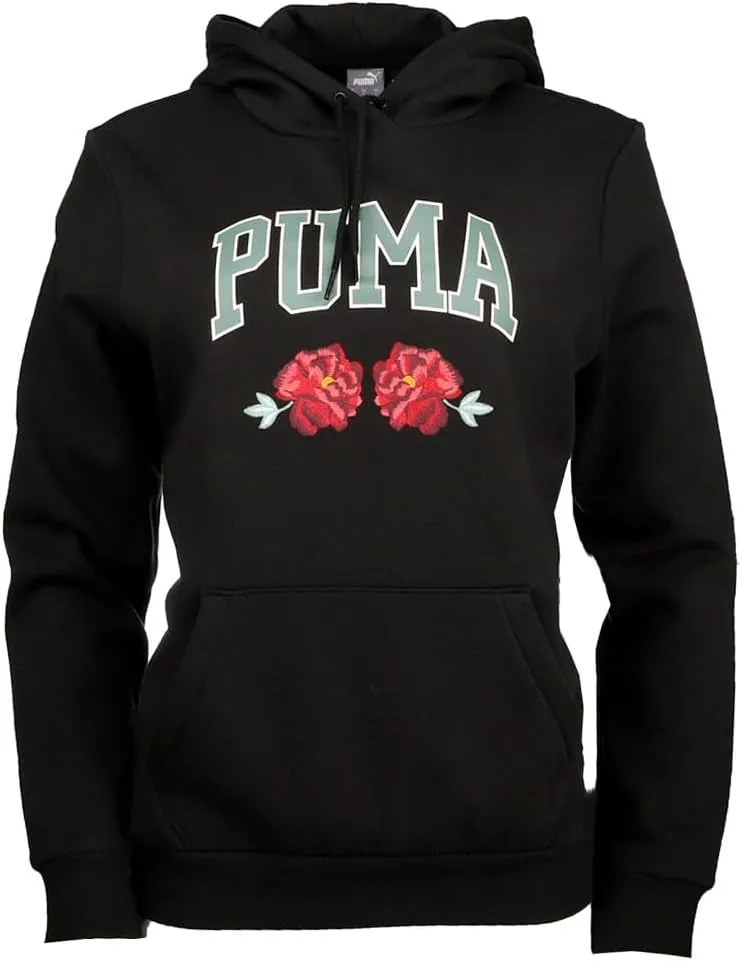 Puma Womens Faux Embroidered Floral Hoodie Casual Outerwear Casual Drawstring - Black - Size XL