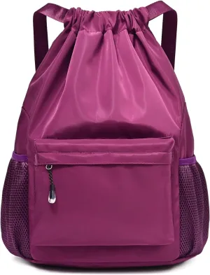 Purple Drawstring Backpack for Women, Waterproof Drawstring Gym Bag for Men, Small Cinch Sack for Basketball, Pull String Sport Bag for Soccer.