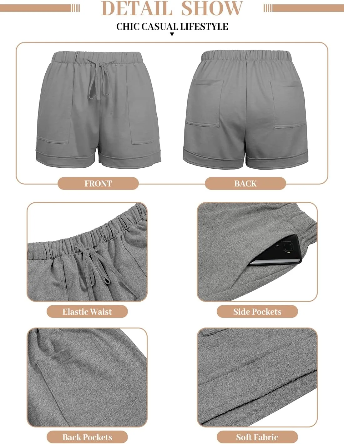 QUEEN PLUS Womens Casual Shorts Comfy Elastic Waist Drawstring Pocket Shorts Pants