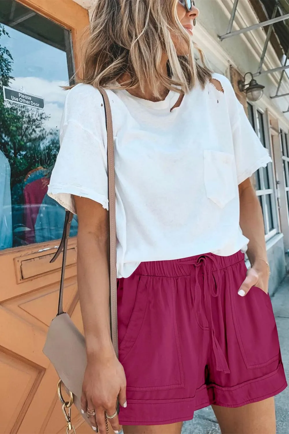 QUEEN PLUS Womens Casual Shorts Comfy Elastic Waist Drawstring Pocket Shorts Pants