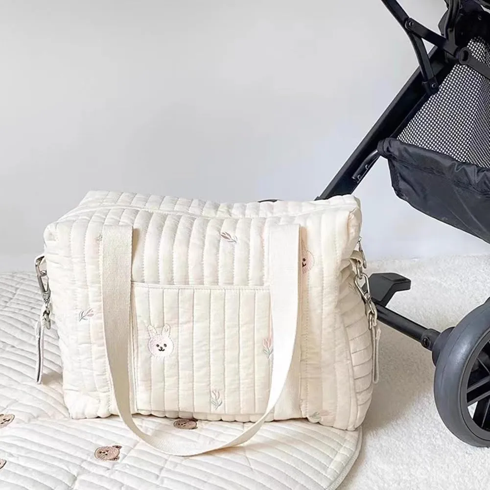 Quilted Travel Duffle Bag for Women Diaper Bag Embroidered Nappy Organizer Cute Cartoon Messenger Bag with Zipper M