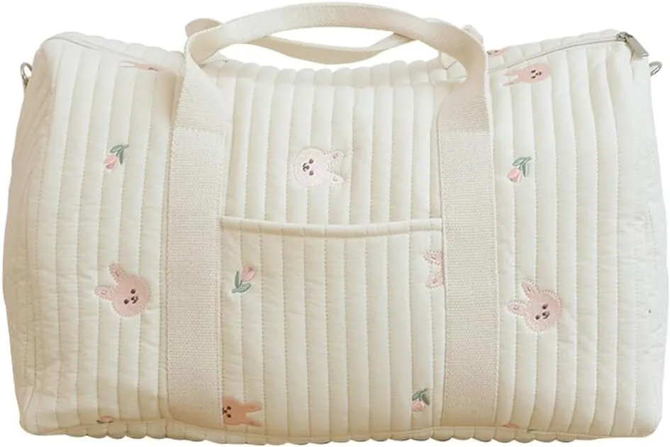 Quilted Travel Duffle Bag for Women Diaper Bag Embroidered Nappy Organizer Cute Cartoon Messenger Bag with Zipper M