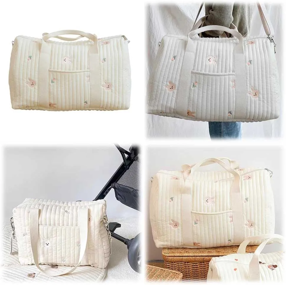 Quilted Travel Duffle Bag for Women Diaper Bag Embroidered Nappy Organizer Cute Cartoon Messenger Bag with Zipper M