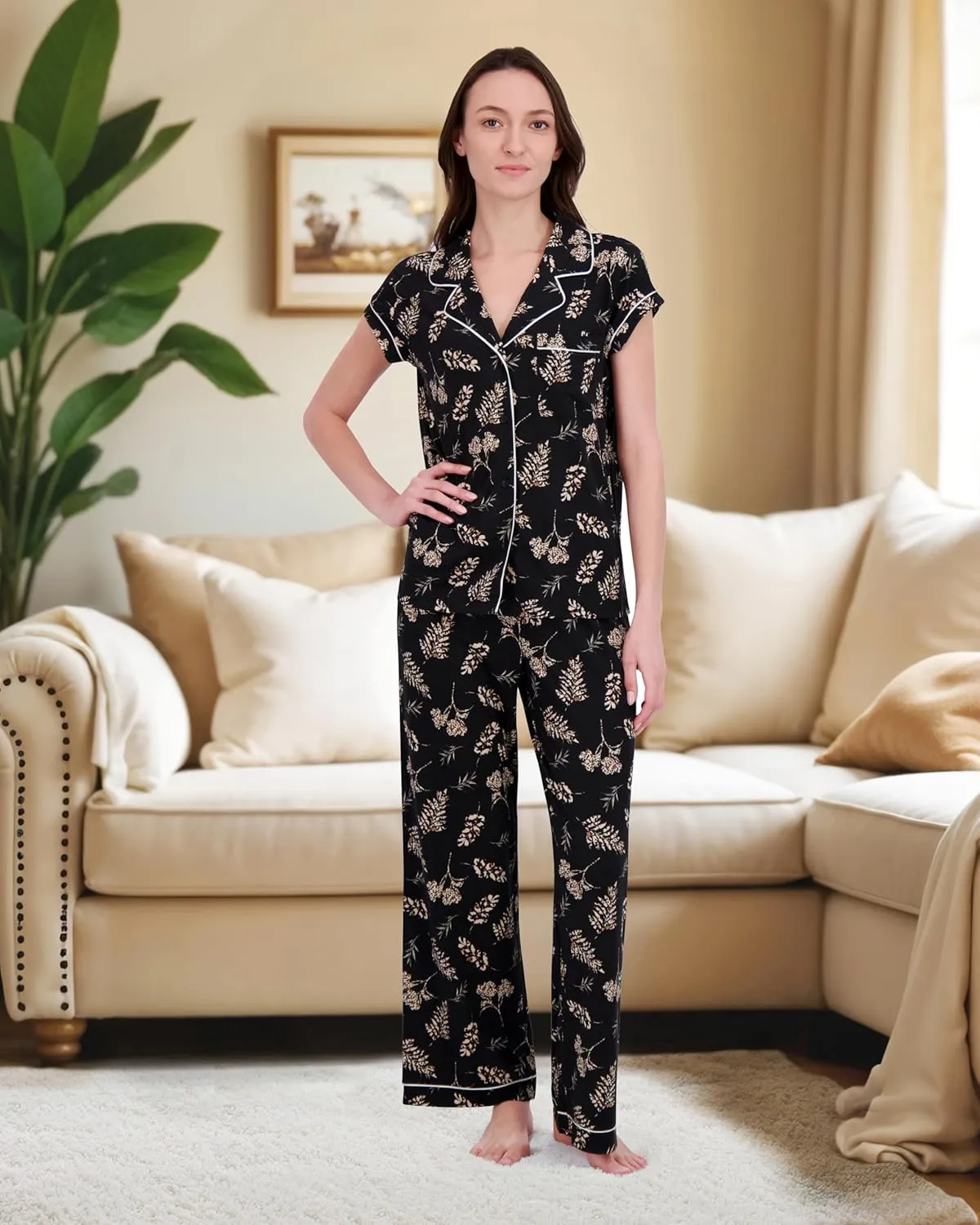 RACHEL ZOE Button Up Pajamas for Women Set, Jersey Knit Soft PJs with Button Down Pajama Top and Long PJ Pants
