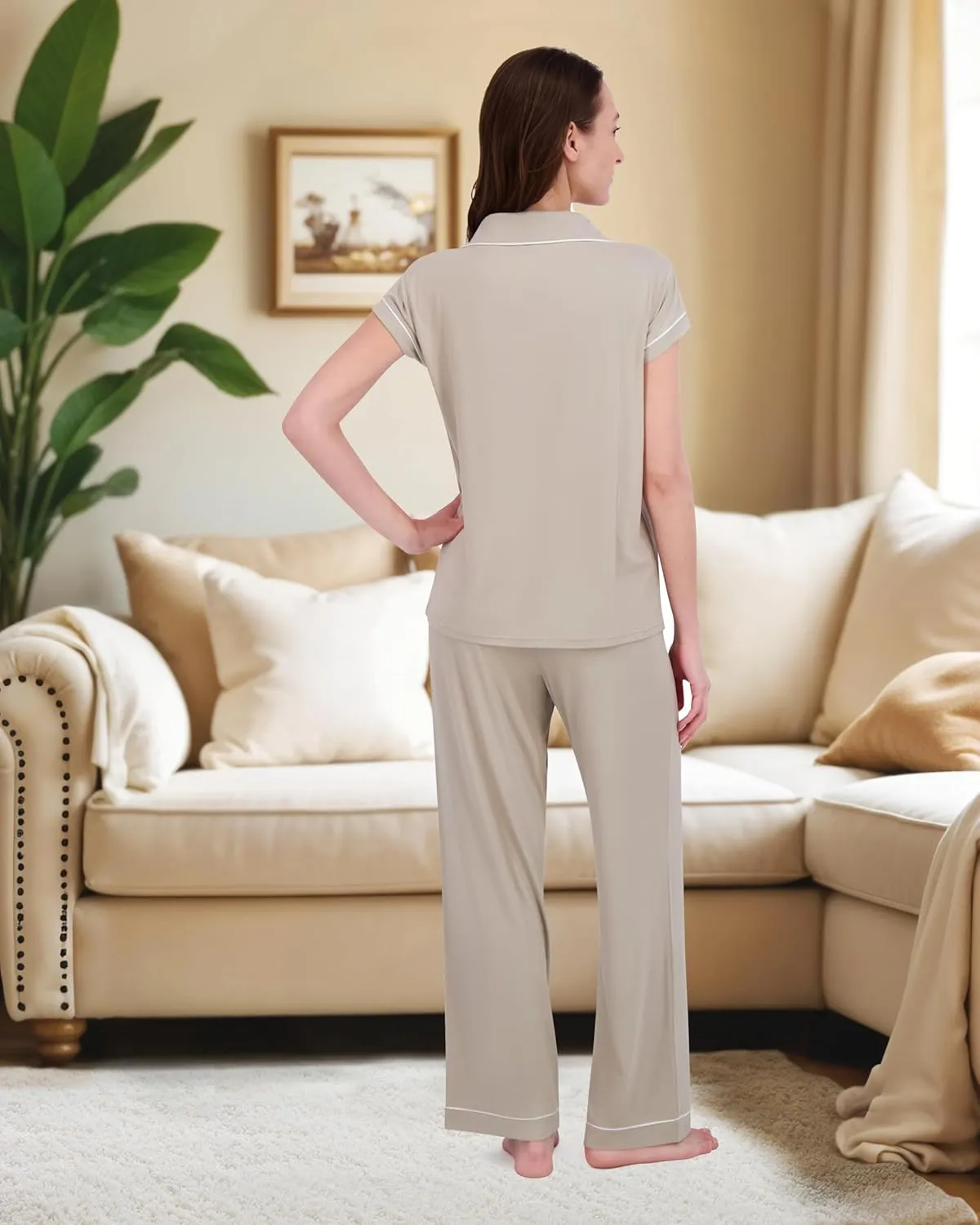 RACHEL ZOE Button Up Pajamas for Women Set, Jersey Knit Soft PJs with Button Down Pajama Top and Long PJ Pants