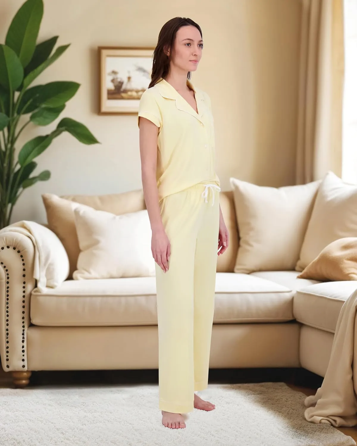 RACHEL ZOE Button Up Pajamas for Women Set, Jersey Knit Soft PJs with Button Down Pajama Top and Long PJ Pants