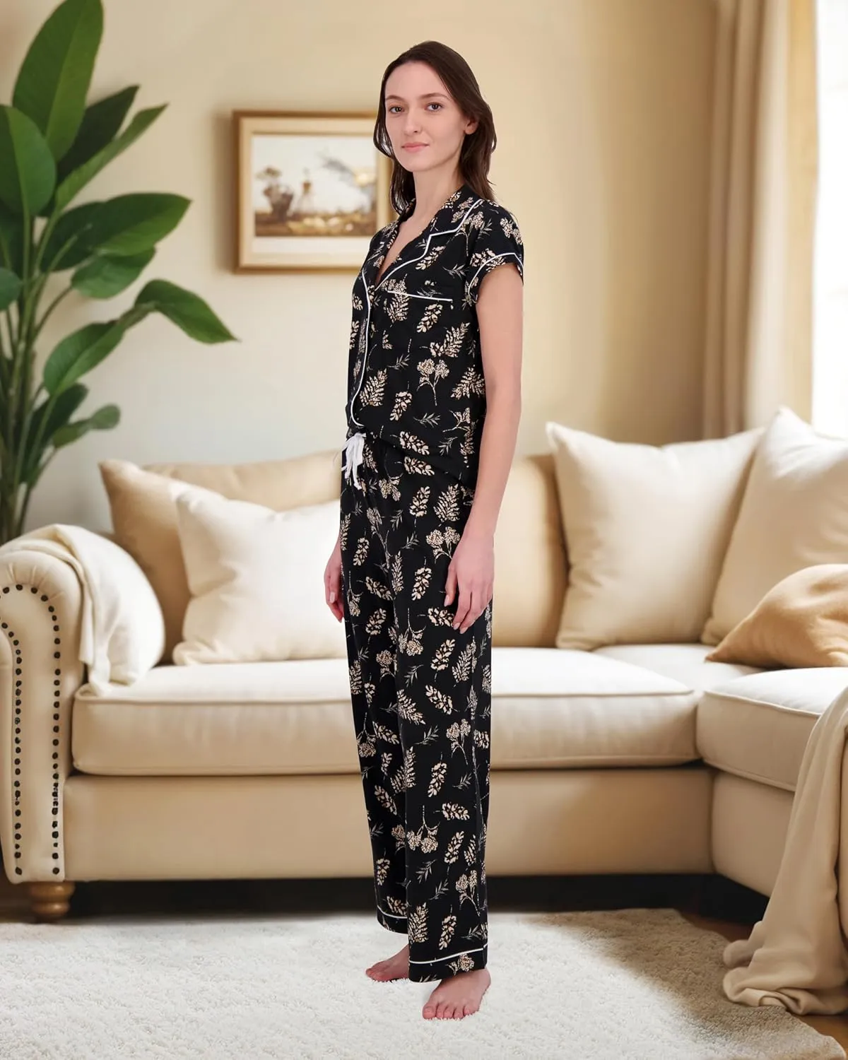 RACHEL ZOE Button Up Pajamas for Women Set, Jersey Knit Soft PJs with Button Down Pajama Top and Long PJ Pants