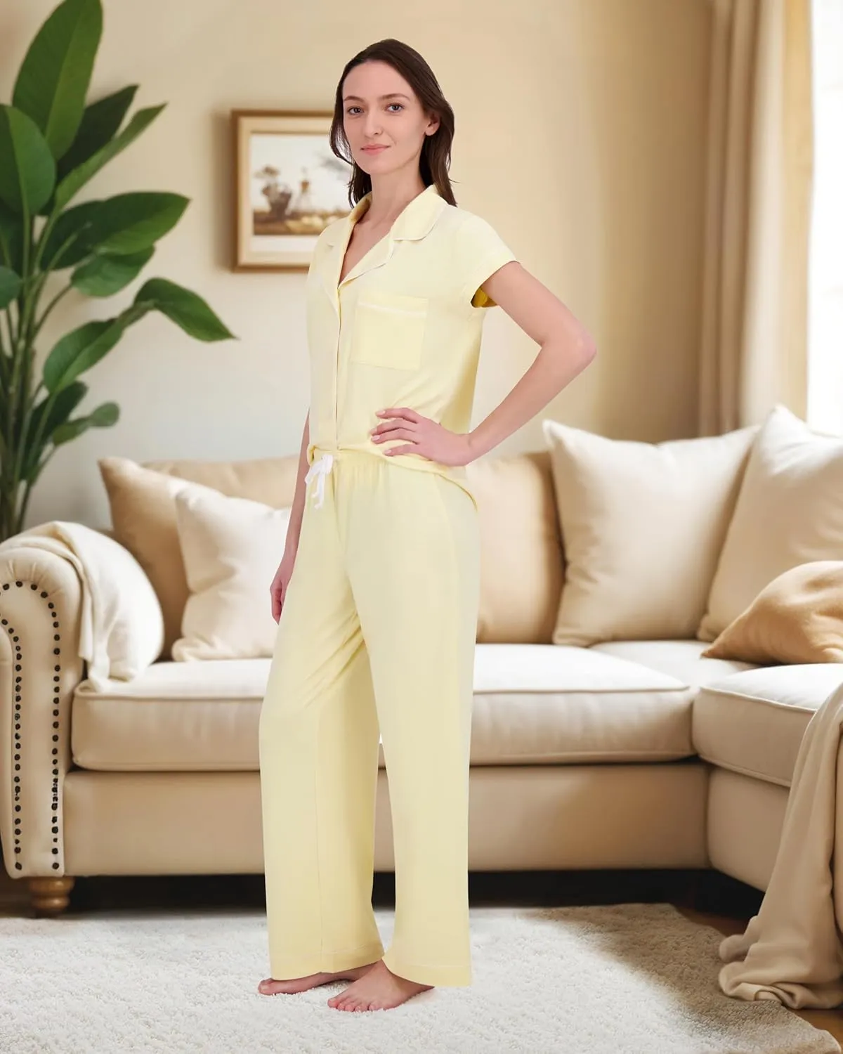 RACHEL ZOE Button Up Pajamas for Women Set, Jersey Knit Soft PJs with Button Down Pajama Top and Long PJ Pants