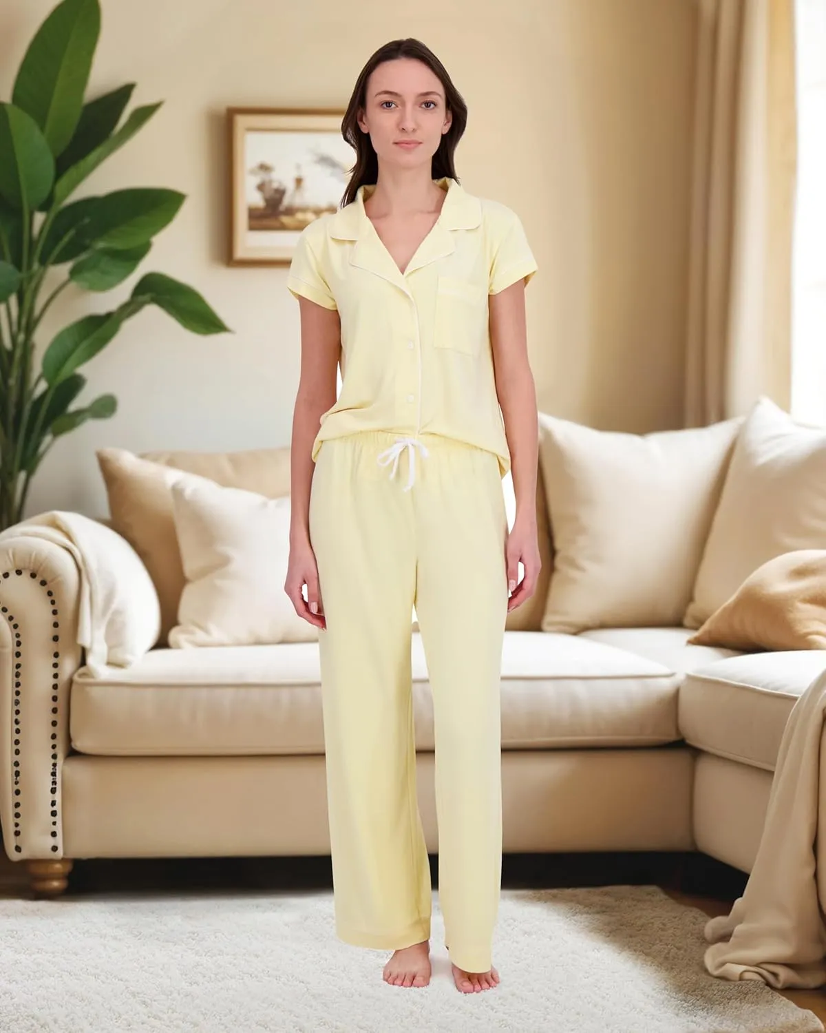 RACHEL ZOE Button Up Pajamas for Women Set, Jersey Knit Soft PJs with Button Down Pajama Top and Long PJ Pants