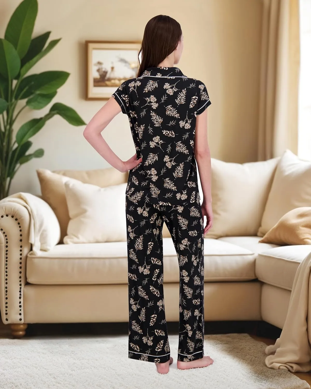 RACHEL ZOE Button Up Pajamas for Women Set, Jersey Knit Soft PJs with Button Down Pajama Top and Long PJ Pants