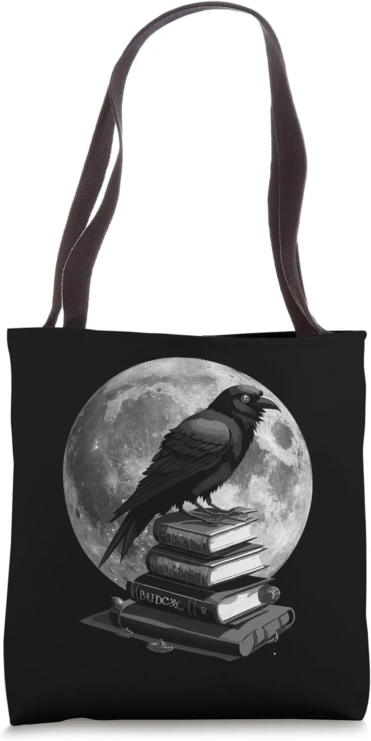 Raven, Moon And Books Gothic Occult Academia Symbolism Tote Bag