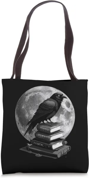 Raven, Moon And Books Gothic Occult Academia Symbolism Tote Bag
