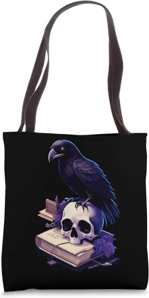 Raven, Skull And Books Gothic Occult Academia Symbolism Tote Bag