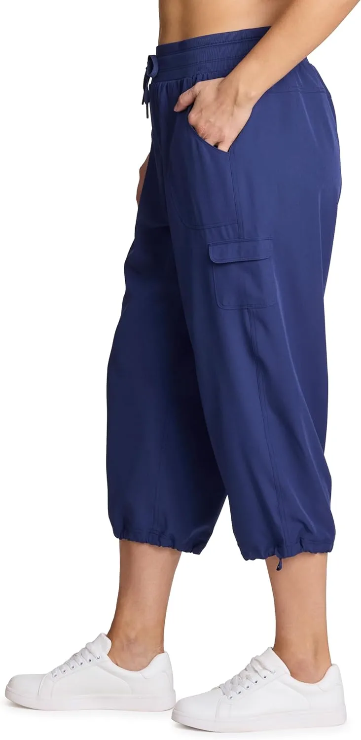 RBX Active Women's Plus Size Fashion Lightweight Woven Body Skimming Drawstring Cargo Capri Pant