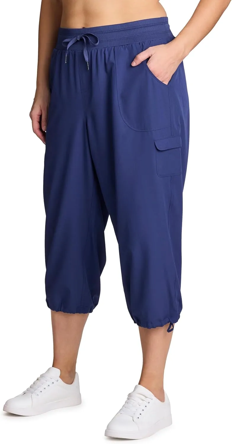 RBX Active Women's Plus Size Fashion Lightweight Woven Body Skimming Drawstring Cargo Capri Pant