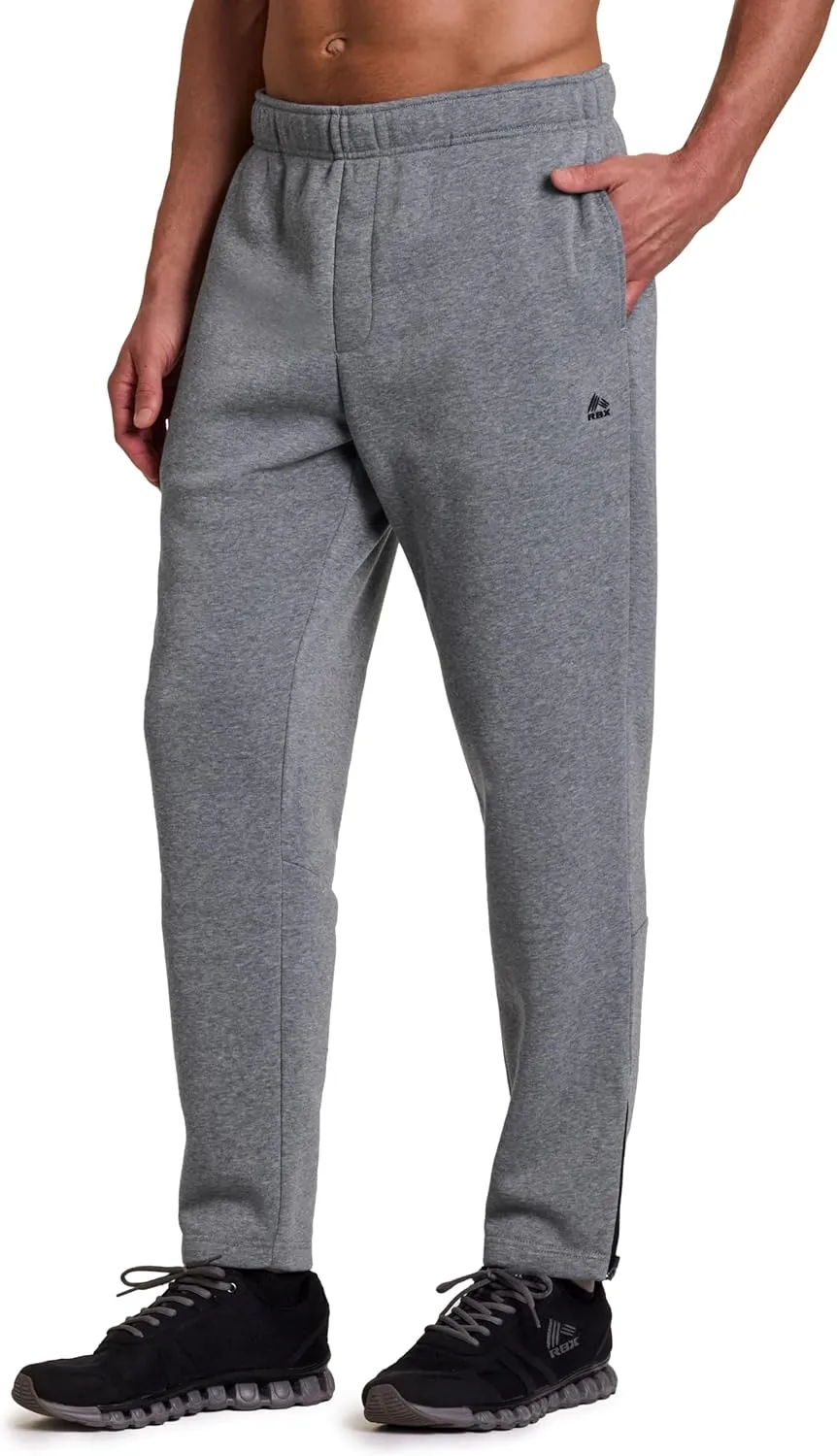 RBX Men's Fleece Sweatpants, Adjustable Leg Opening Fleece Pants Cold Weather Workout Pants with Pockets, Ankle Zippers