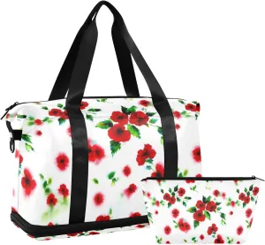 Red Flower Versatile Sports Travel Bag - Lasting Twill Tote, Removable Wheel & Rod Bagging, Multi-pocket Design, Complimentary Makeup Bag