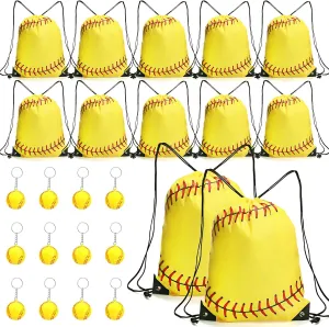 Reginary 24 Pcs Softball Party Favors 12 Softball Drawstring Bags 12 Keychain 17 Inch Inspirational Cinch Backpack Team Gift for Sports Birthday Party Supplies