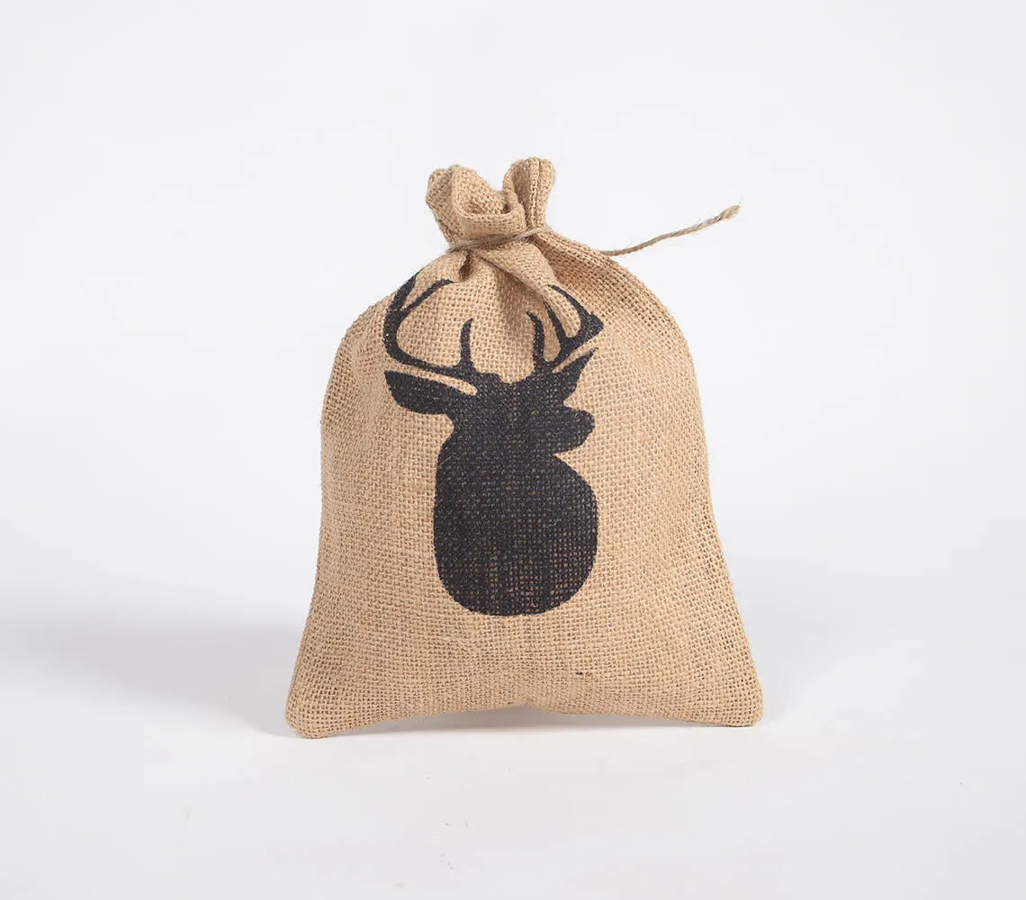 Reindeer Printed Drawstring Jute bags (set of 2)