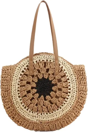 Rejolly Straw Bag for Women Round Women Tote Handbag Summer Vacation Beach Boho Bohemian Style Large Shoulder Purse