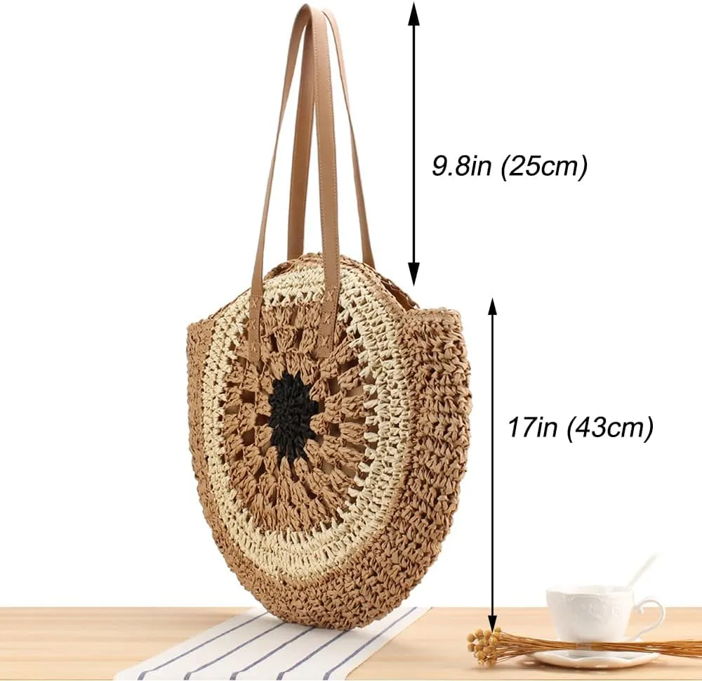 Rejolly Straw Bag for Women Round Women Tote Handbag Summer Vacation Beach Boho Bohemian Style Large Shoulder Purse