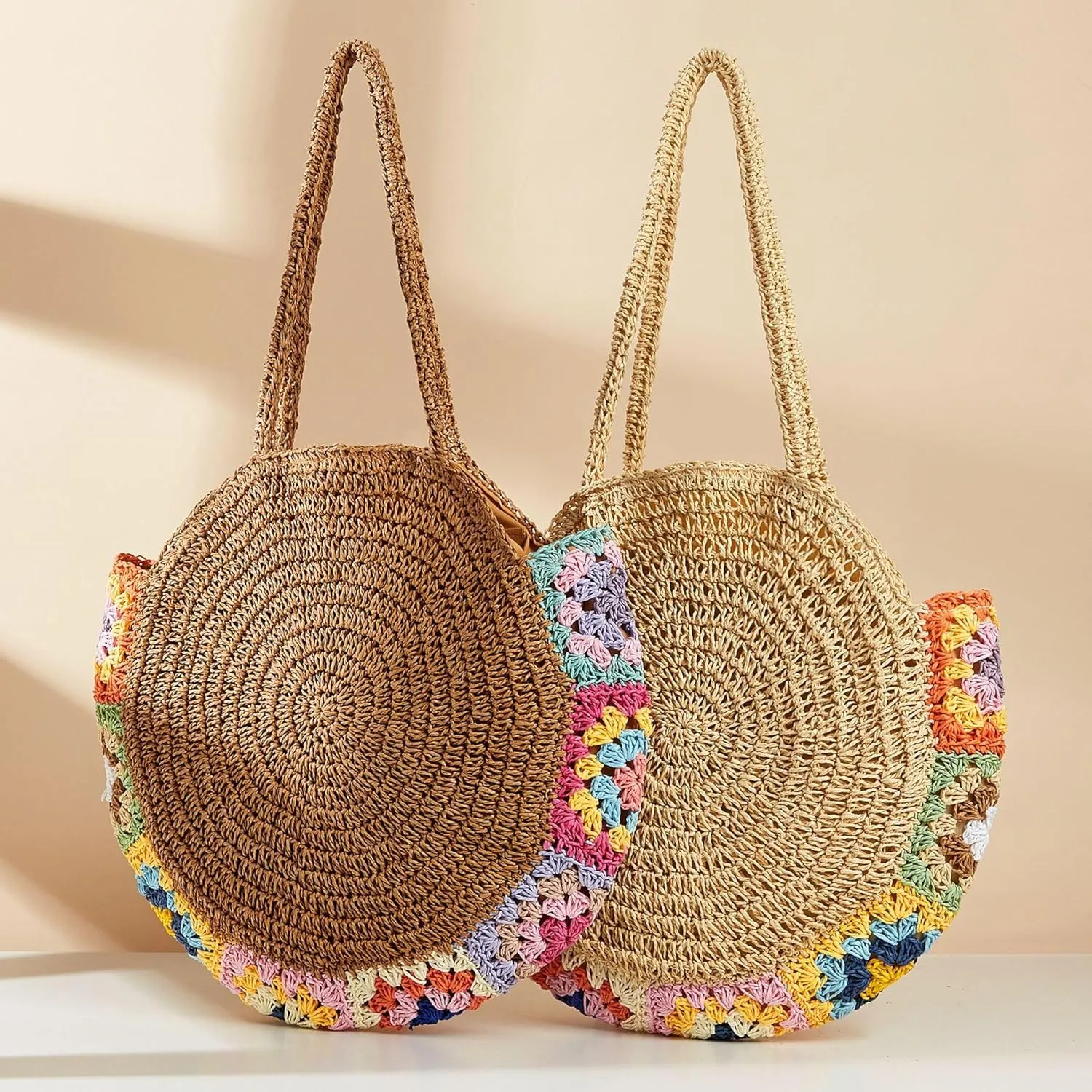 Rejolly Straw Bag for Women Round Women Tote Handbag Summer Vacation Beach Boho Bohemian Style Large Shoulder Purse