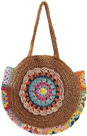 Rejolly Straw Bag for Women Round Women Tote Handbag Summer Vacation Beach Boho Bohemian Style Large Shoulder Purse